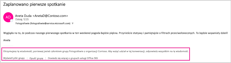 Wszystkie wiadomości e-mail otrzymane przez gościa od członków grupy zawierają stopkę z instrukcjami i linkami.