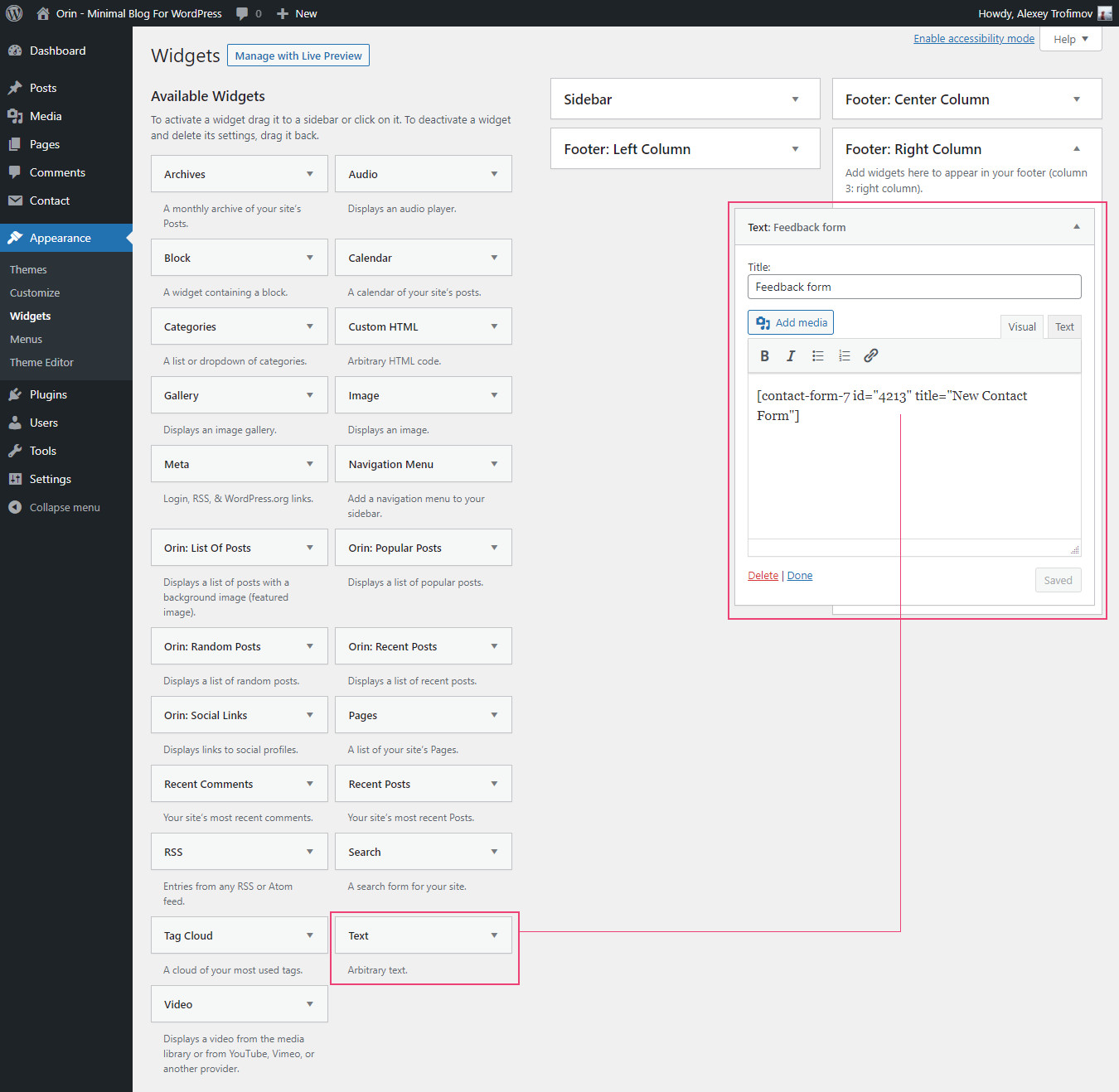 Add a contact form to a text widget