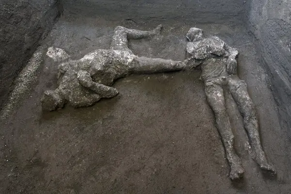 Plaster casts of two victims that were that were unearthed in an excavation outside ancient Pompeii this month.