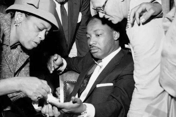 The Rev. Dr. Martin Luther King Jr. after being attacked in 1958 with a letter opener lodged near his heart.