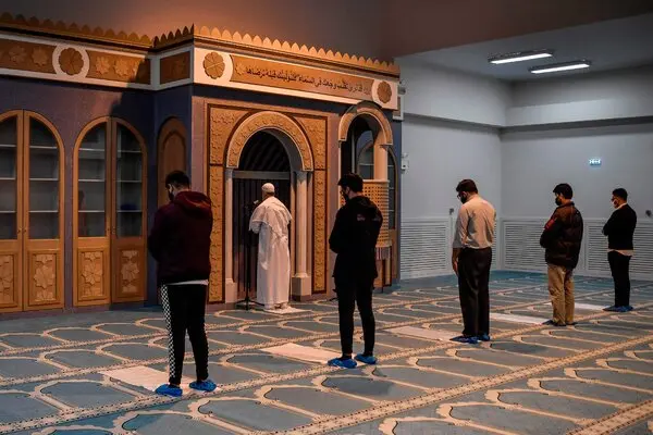 Muslims praying at the new mosque in Athens. Coronavirus restrictions quickly cut the number of worshipers permitted, then closed the site entirely.