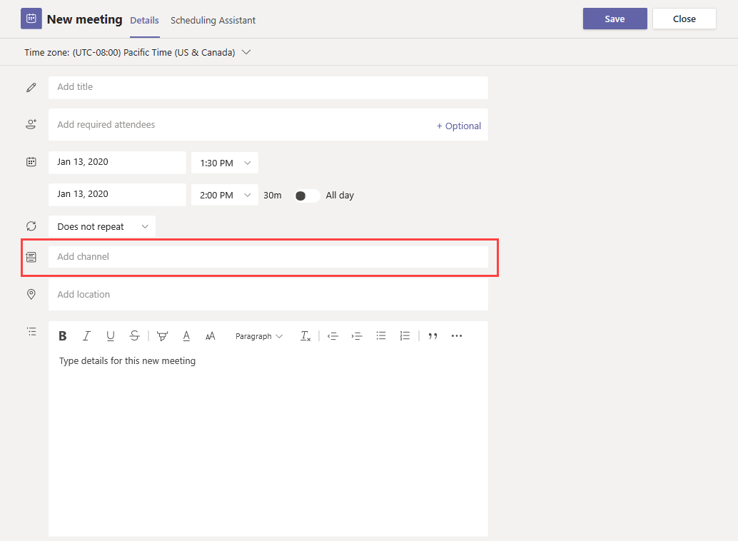 the calendar option for selecting a channel that you want to schedule a meeting in.